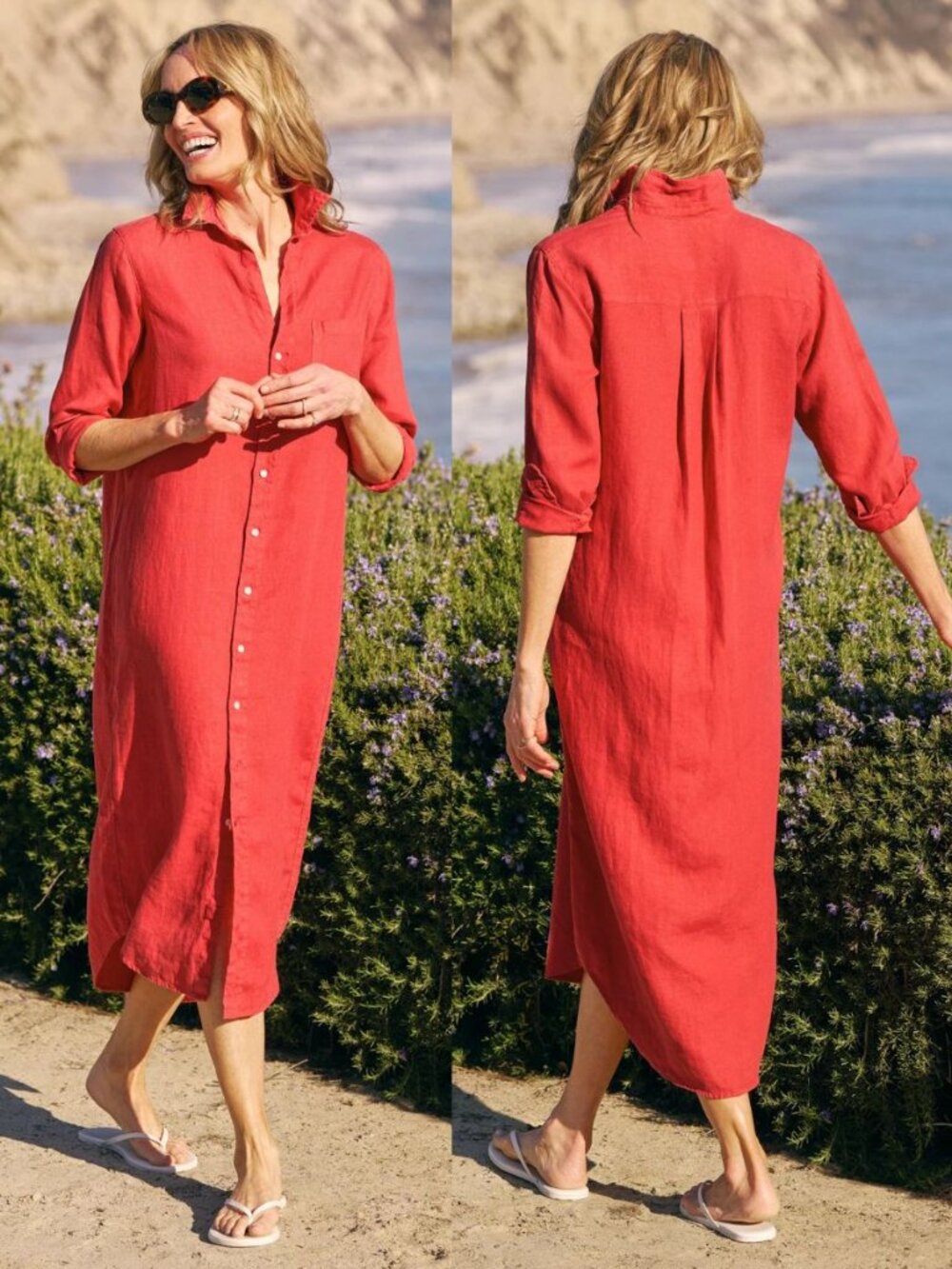 Frank & Eileen Rory Dress Summer Red Italian Classic Linen Maxi Shirt Size M